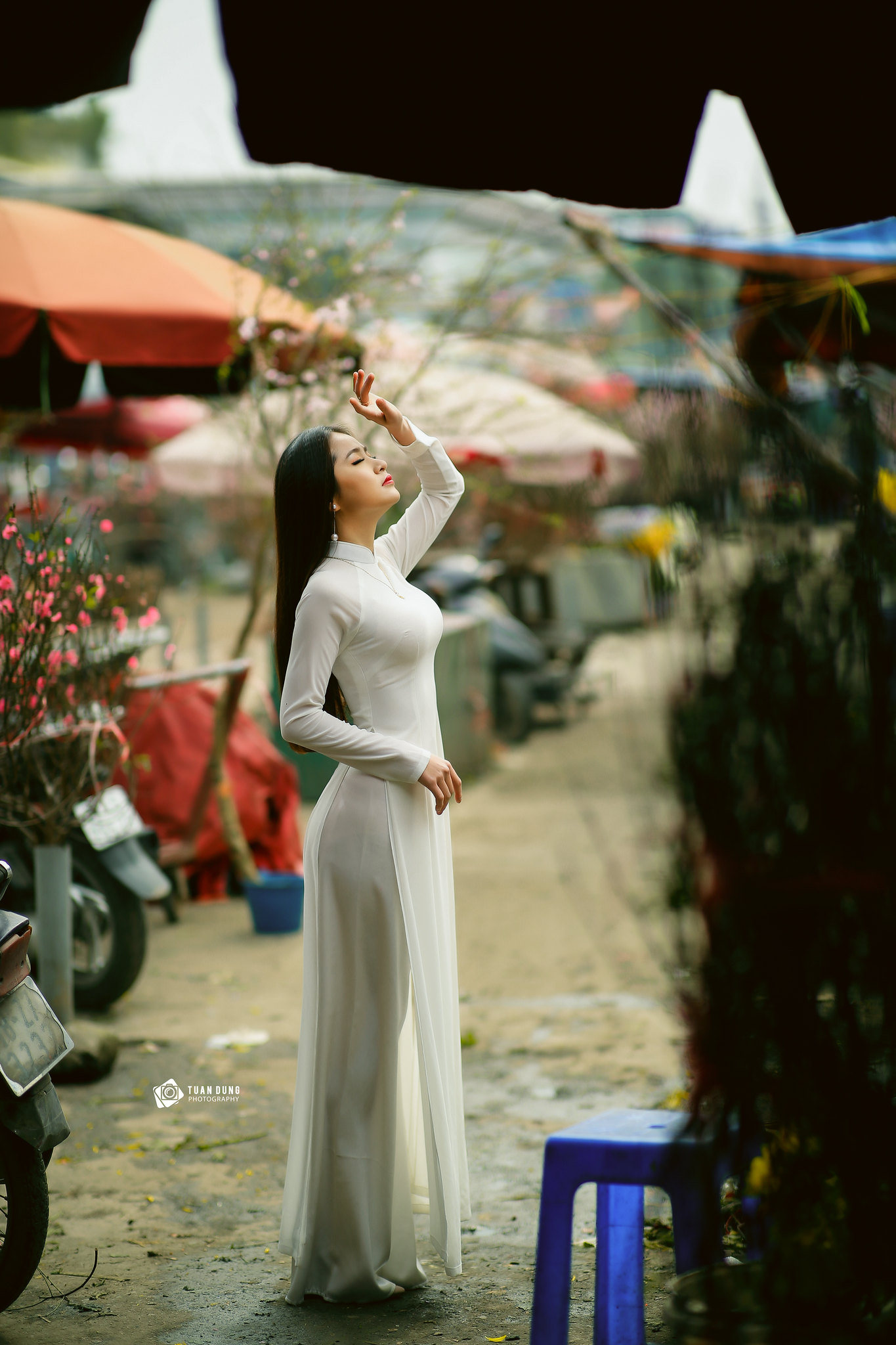 Áo dài trắng hoa đào cổ điển [VHTKDN]