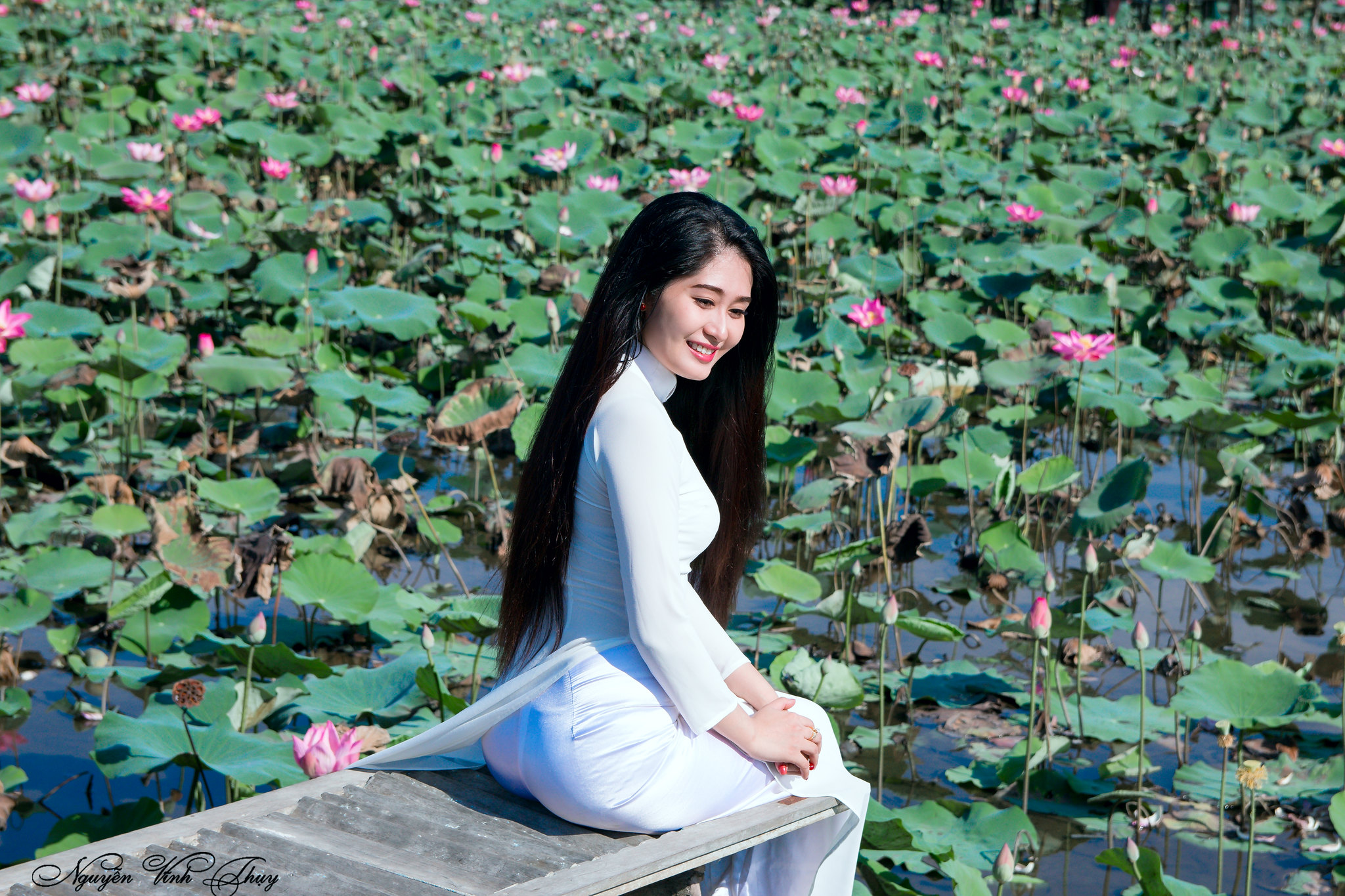 Áo dài trắng hoa sen truyền thống [PHI0DR]