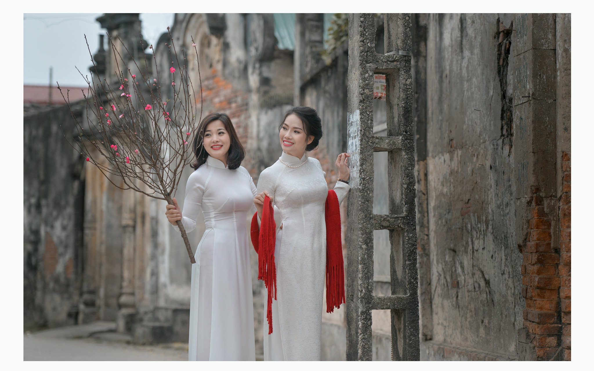 Tinh tế áo dài trắng hoa đào [DAX0FT]