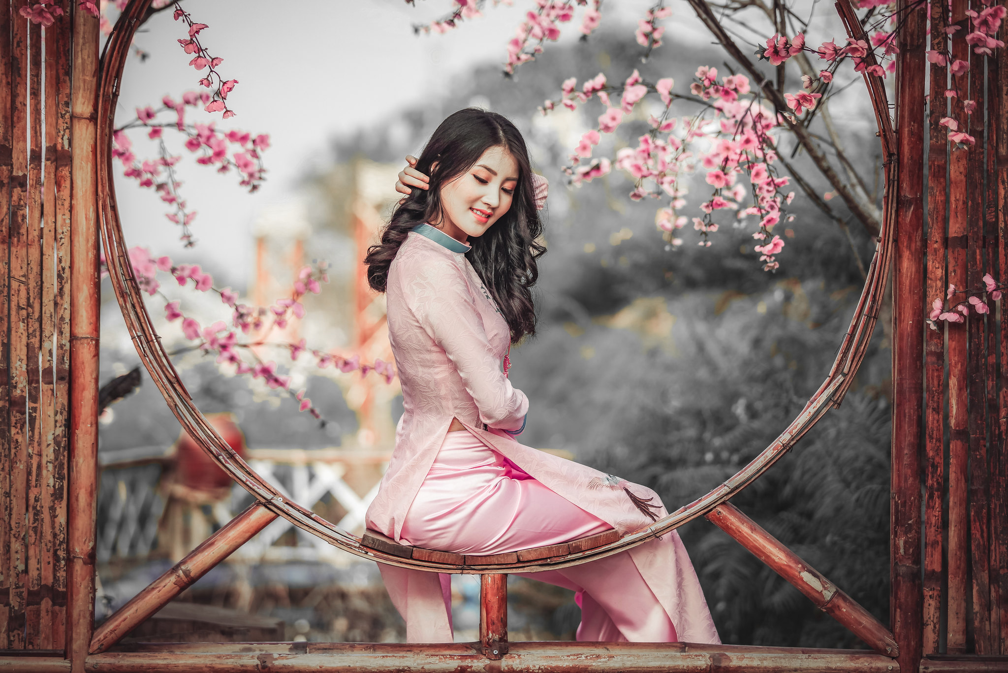 Áo dài hồng duyên thầm hoa đào [652ETX]