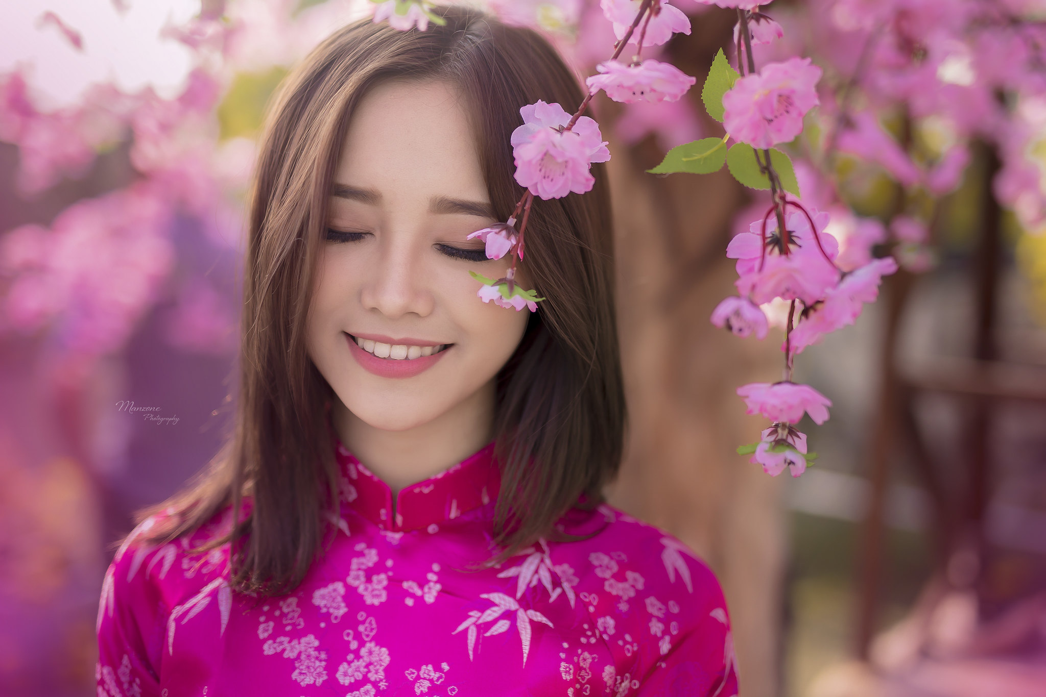 Áo dài hồng hoa đào hoài cổ [LHG72M]