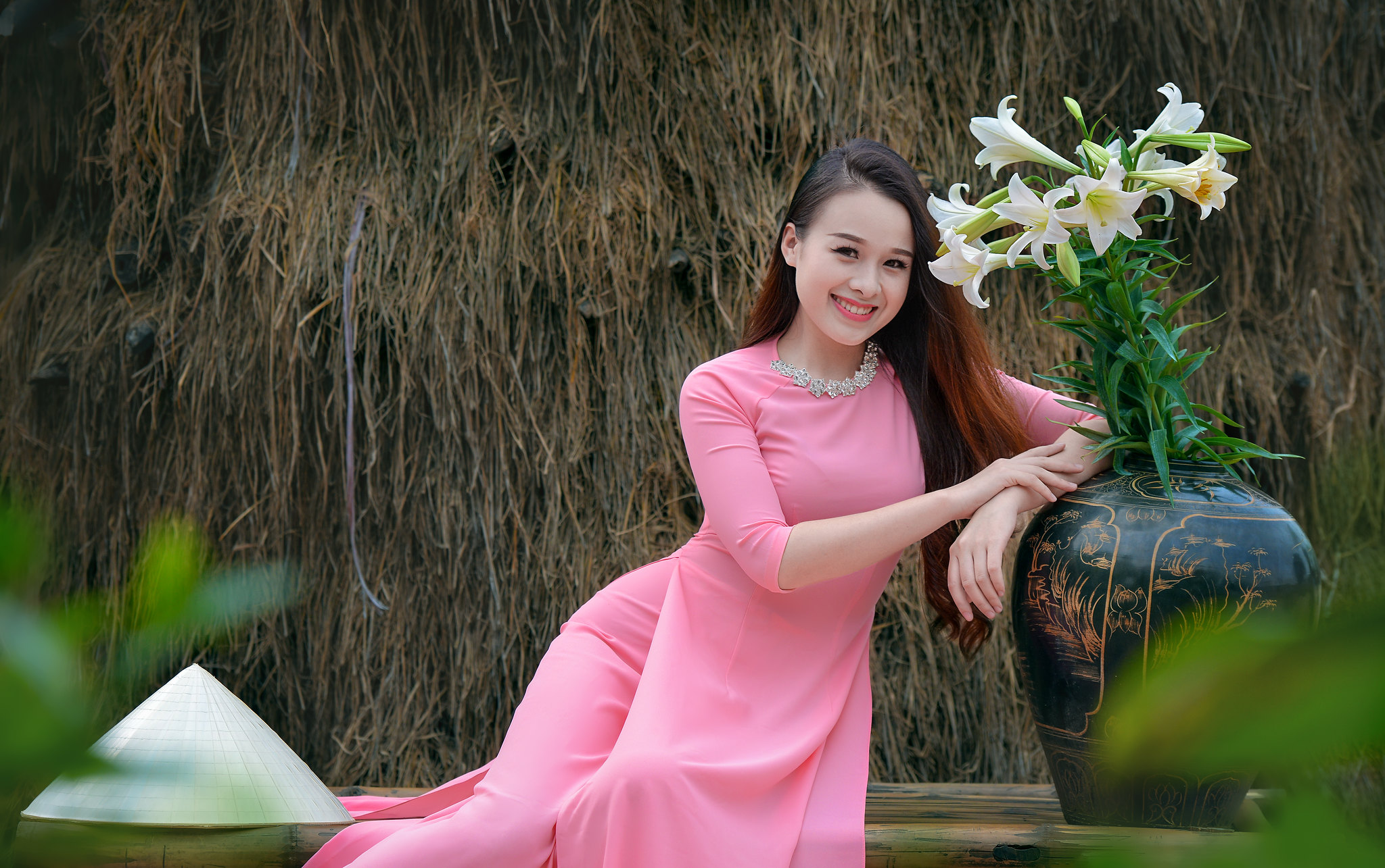 Áo dài hồng tà áo dài áo dài hồng mộc mạc [MGM8U0]