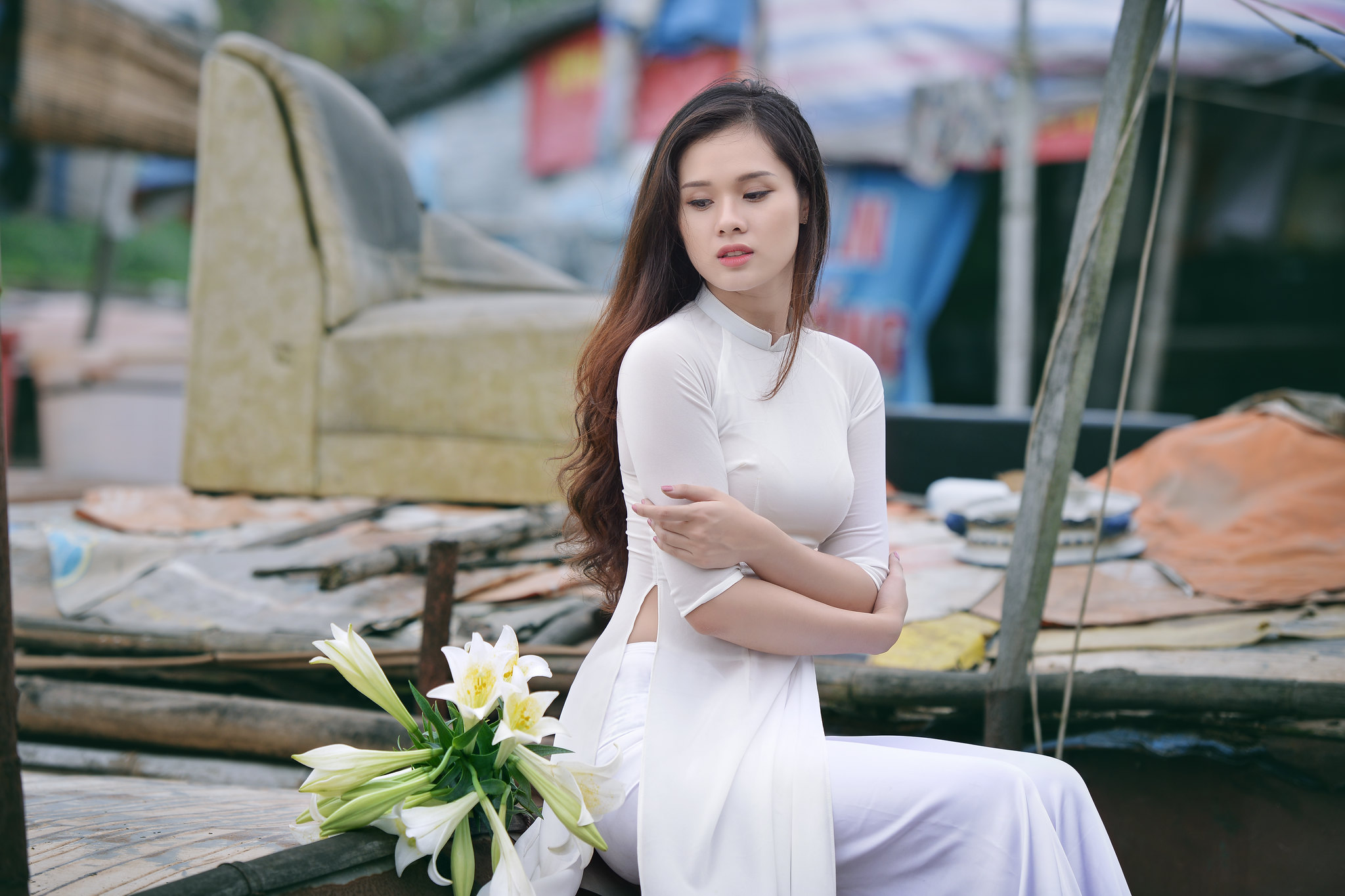 Áo dài trắng người đẹp áo dài trắng e ấp [OT17JQ]