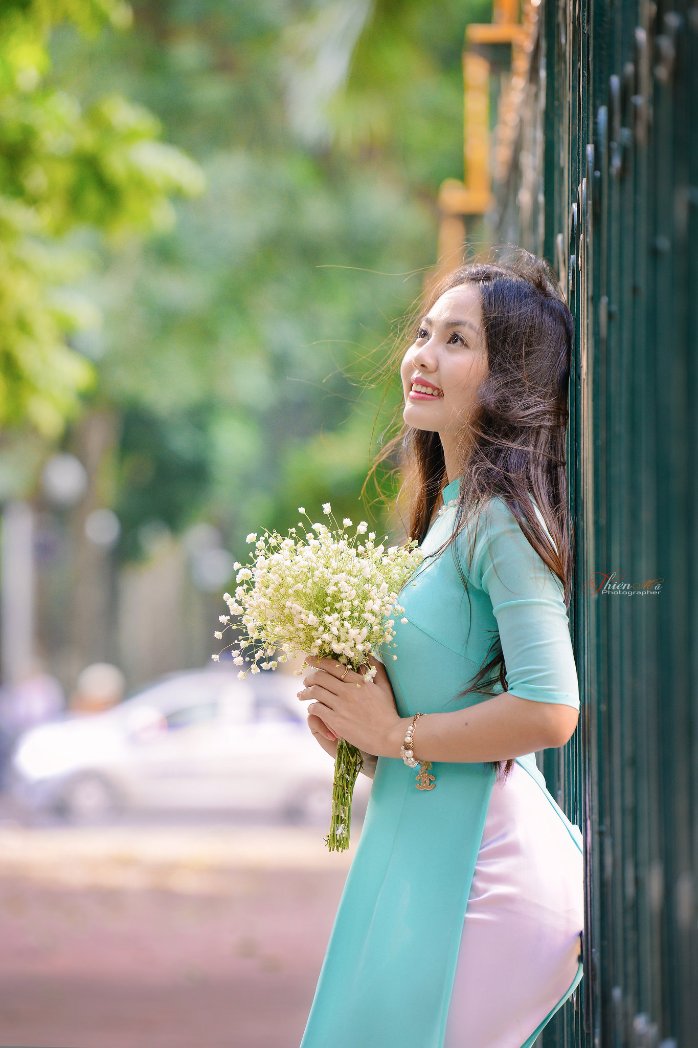 Áo dài xanh hoa ấn tượng [HLP5FA]