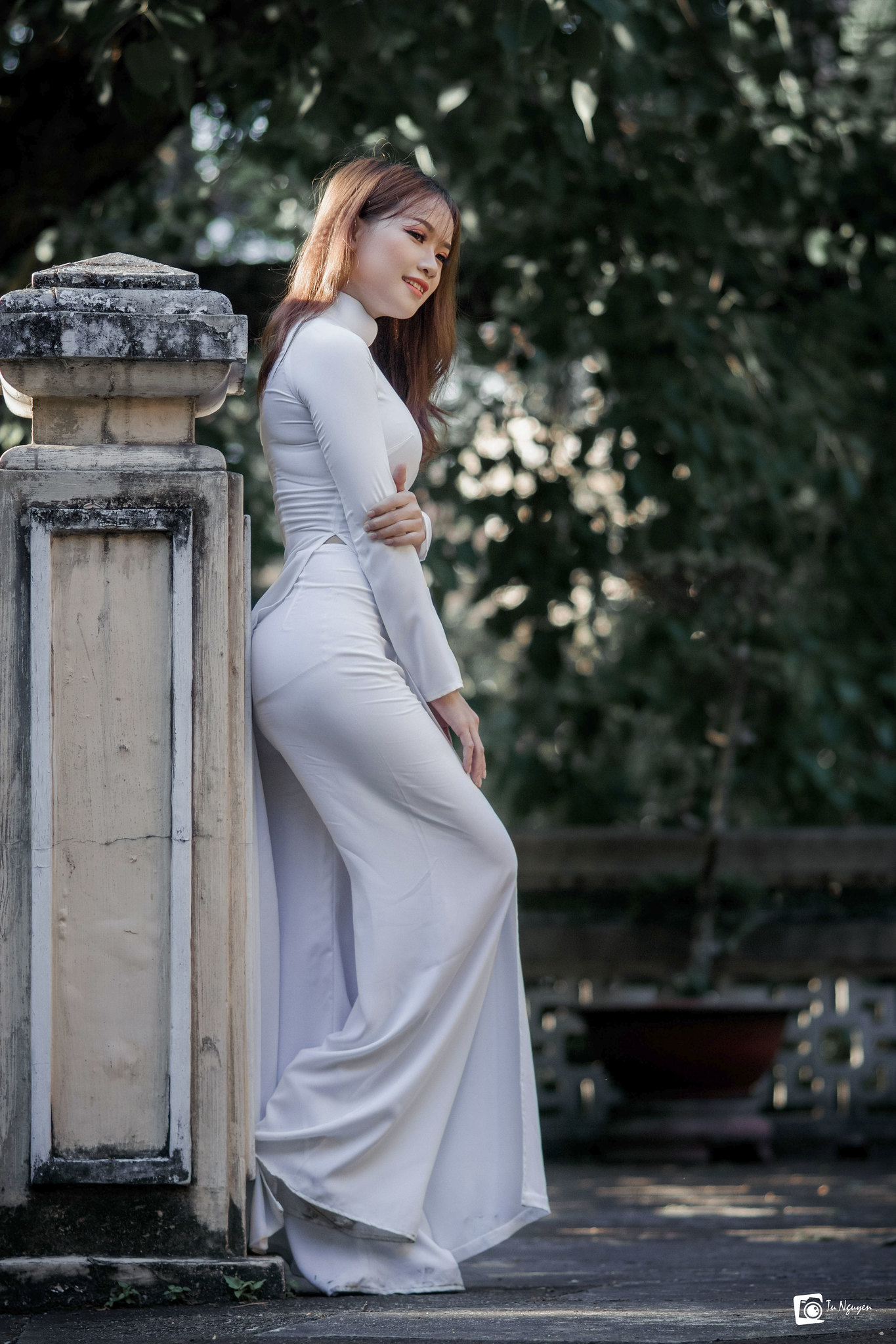Áo dài trắng tà áo dài góc ngang sang trọng [HIYVQY]