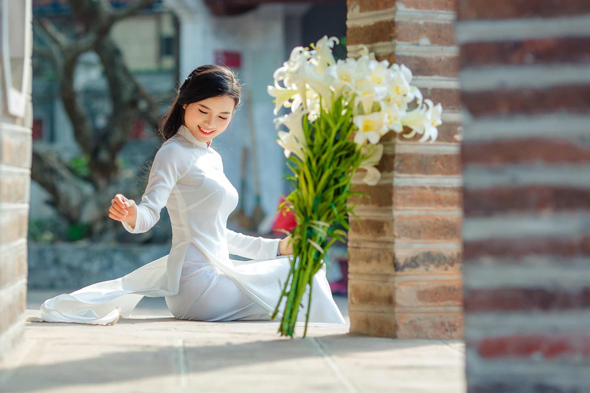 Áo dài trắng hoa dịu dàng [SI2MDA]