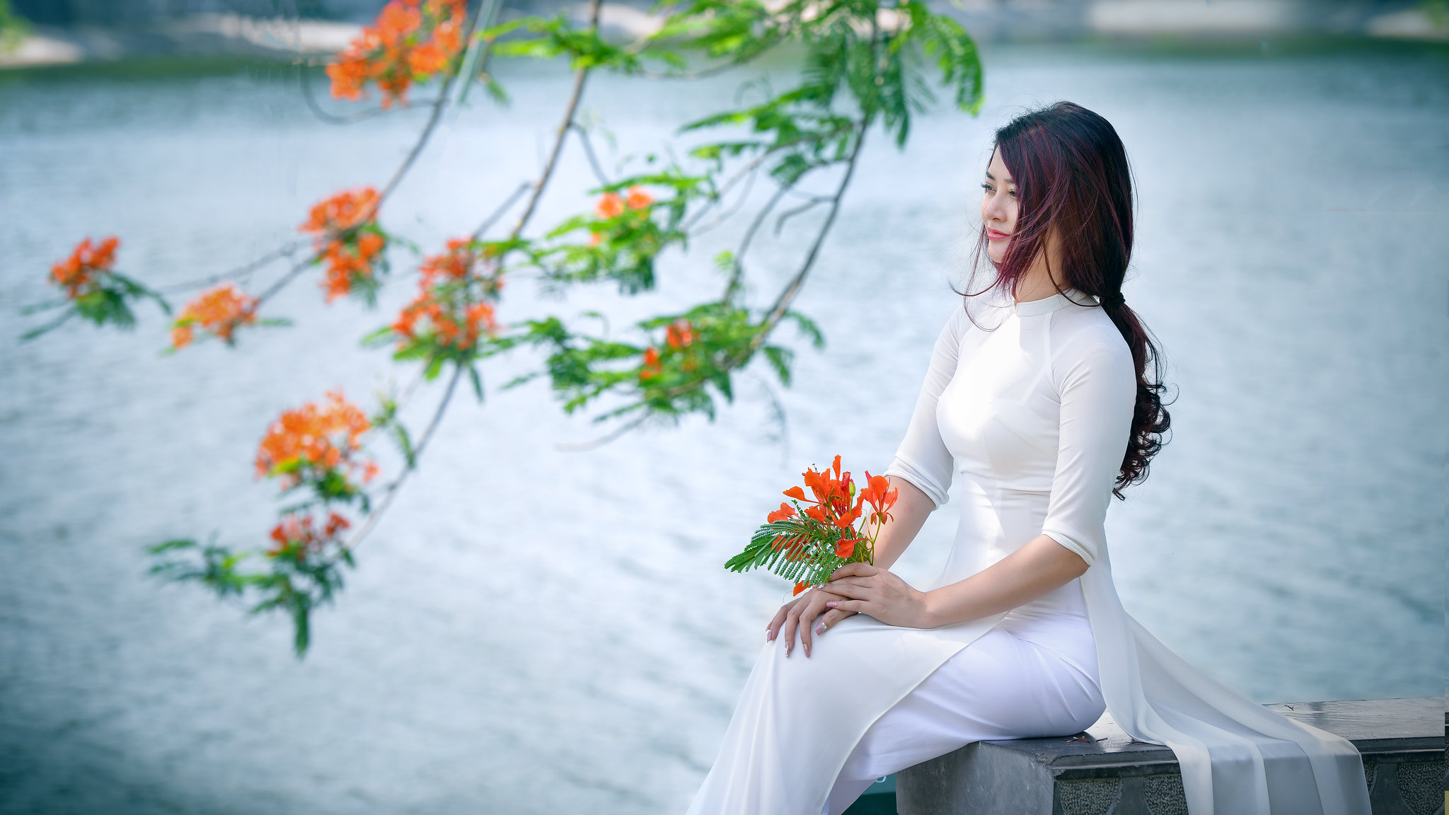 Áo dài trắng hoa phượng yêu kiều [PMCTFG]