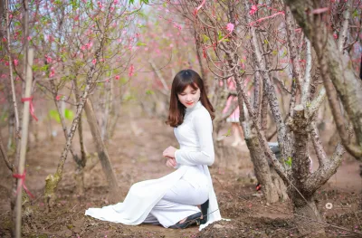 Áo dài trắng hoa đào kiêu sa [SRAQJP]