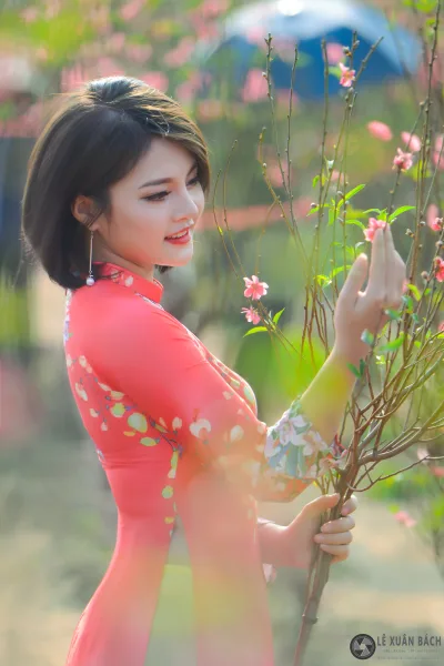 Hiện đại áo dài đỏ hoa đào [PVSZNA]