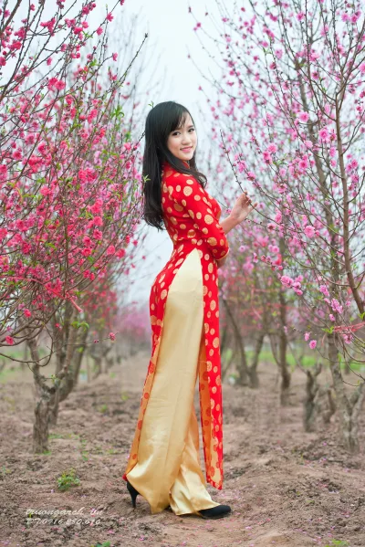 Mộc mạc áo dài đỏ hoa đào [MCZXHI]