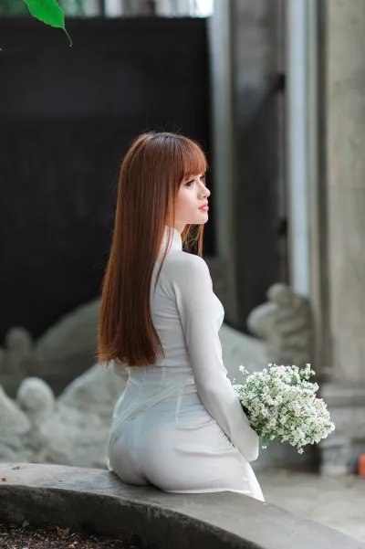 Hiện đại áo dài trắng lễ chùa [IQODWD]