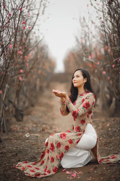 Áo dài họa tiết sang trọng hoa đào [GPLIFF]