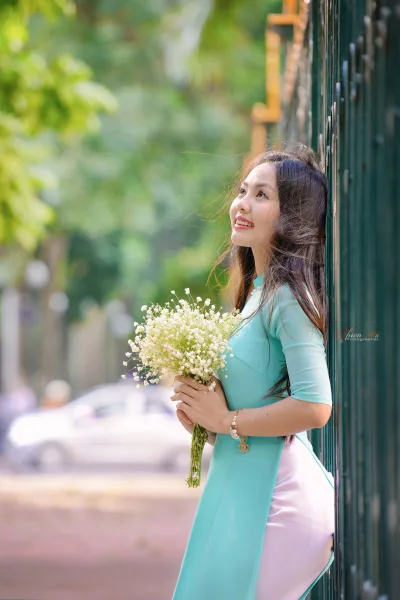 Áo dài xanh hoa ấn tượng [HLP5FA]
