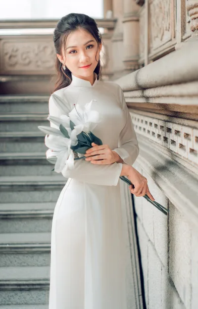 Áo dài trắng tà áo dài lễ chùa tinh tế [0GEBTR]
