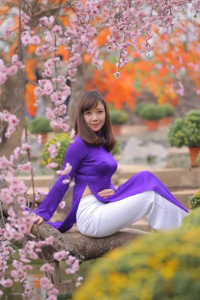 Áo dài tím rửa mắt với ảnh hoa đào mộc mạc [5NOIWC]
