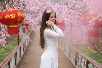 Loạt ảnh áo dài trắng duyên thầm hoa đào [BTBF55]