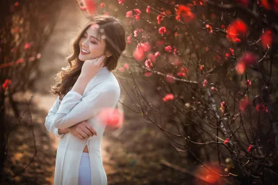 Áo dài trắng tà áo dài hoa đào tinh tế [IVOTZS]