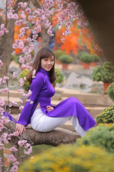 Áo dài tím người đẹp hoa đào thanh lịch [GQFKZ8]