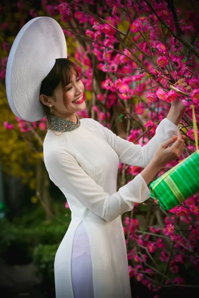 Áo dài khăn đóng hoa đào nền nã [BC63KD]