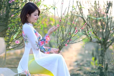 Áo dài họa tiết tinh khôi hoa đào [37XHLI]