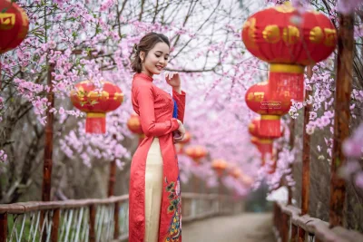 Nữ nhân áo dài đỏ trang nhã hoa đào [ABVFVG]