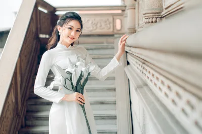 Áo dài trắng lễ chùa nét Việt [5ZJ675]